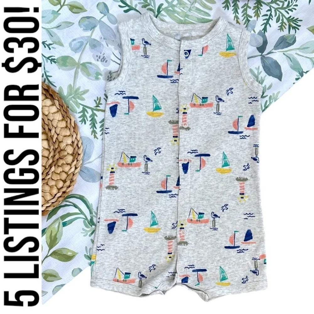 Carter’s Toddler Boy Sailboat Snap Up Sleeveless Romper Size 24 Months